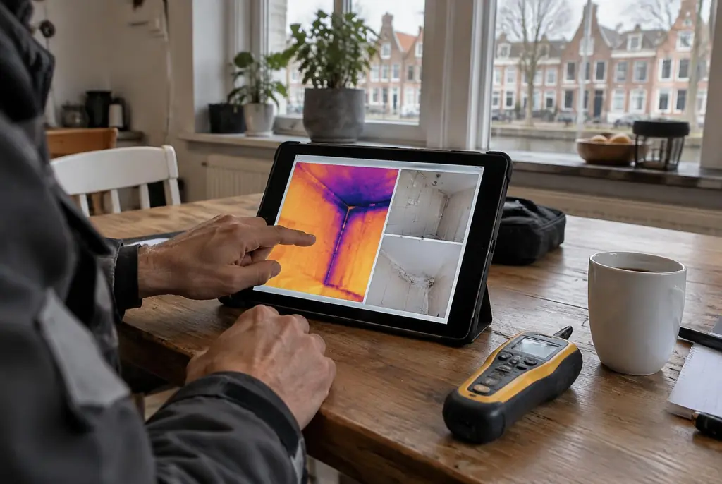 Lekdetectie Lelystad – lekdetectierapport met warmtebeelden en foto's op een tablet