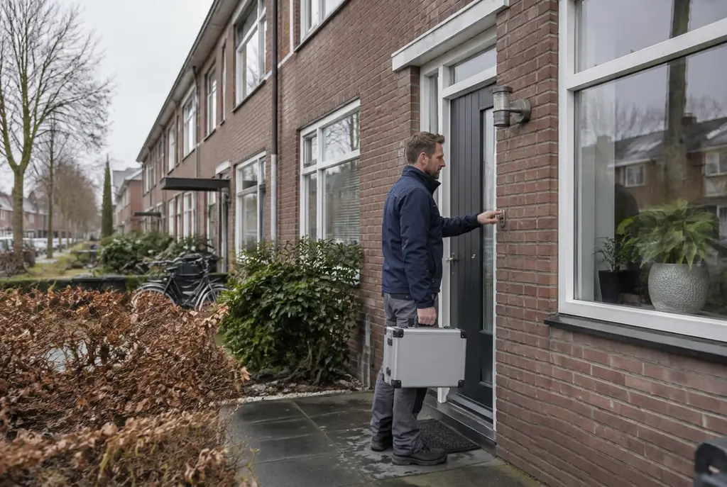 Lekdetectiespecialist met meetkoffer bij de voordeur van een woning in Lelystad